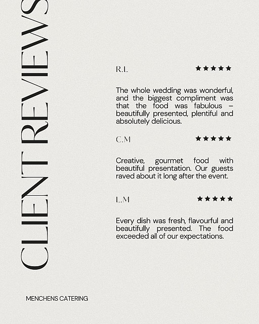We are grateful for the trust our clients place in us and for the thoughtful feedback they share. From presentation to service, Menchen’s Catering makes sure every detail is carefully considered to create exceptional experiences. Here are some reviews! ⭐️